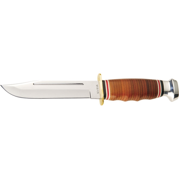 Picture of Ka-Bar 1235 Marine Hunter  5.88" Fixed Clip Point Plain Polished 4116 SS Blade, Stacked W/Finger Grooves Leather Handle, Includes Sheath 2-1235-2 617717212352
