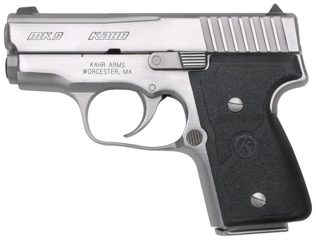 Picture of  Kahr Arms M9098a MK Elite 9Mm Luger Caliber With 3" Barrel, 6+1 OR 7+1 Capacity, Overall Polished Stainless Steel, Serrated Slide & Textured Wraparound Black Nylon Grip