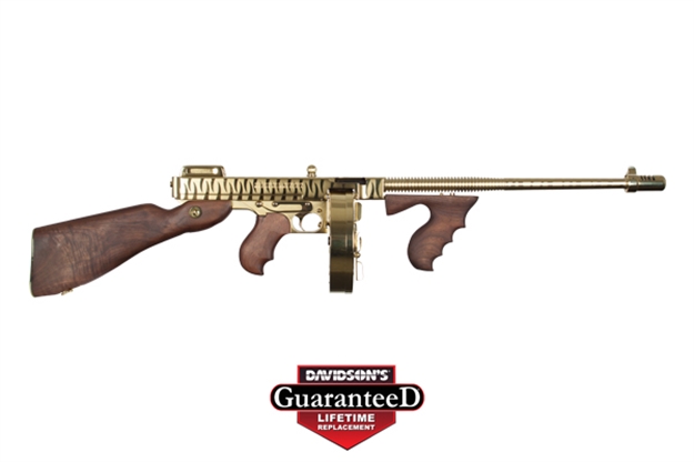 Picture of  Thompson T150dtgts 1927A-1 Deluxe 45 Acp Caliber With 16.50" Barrel, 20+1 Capacity (Stick), 50+1 Capacity (Drum), Gold W/Tiger Stripe Metal Finish, American Walnut Stock Wood Grip Right Hand 602686214230