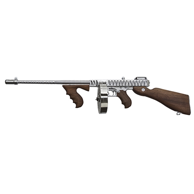 Picture of  Thompson T150dcrts 1927A-1 Deluxe 45 Acp Caliber With 16.50" Barrel, 20+1 Capacity (Stick), 50+1 Capacity (Drum), Hard-Chrome W/Tiger Stripe Metal Finish, American Walnut Stock Wood Grip Right Hand 602686214339
