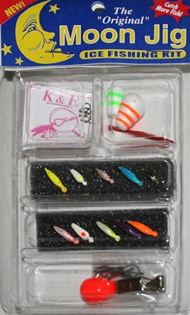 Picture of K&E Moon Jig Kit, Assorted Sizes And Colors Ice Jigs With Float, Depth Finder IN A Plastic Box