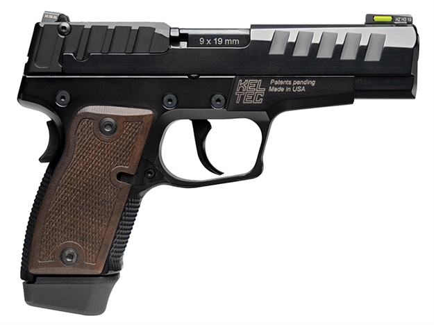 Picture of  Kel-Tec P15mblk P15  9Mm Luger 15+1 4" Black Steel Barrel, Black Nitride Serrated Steel Slide, Black Anodized Aluminum Frame, American Walnut Grip, Ambidextrous