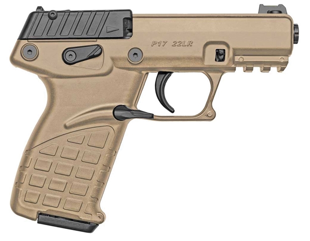 Picture of  Kel-Tec P17tan P17  Compact Frame 22 LR 16+1 3.80" Black Steel Threaded Barrel, Tan Serrated Slide, Tan W/Black Controls Polymer Frame W/Picatinny Rail, Textured Grip, Ambidextrous