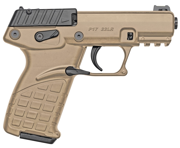 Picture of Kel-Tec P17btan P17  Compact Frame 22 LR 16+1 3.80" Black Steel Threaded Barrel, Tan Serrated Slide, Tan W/Black Controls Polymer Frame W/Picatinny Rail, Textured Grip, Ambidextrous P17TAN