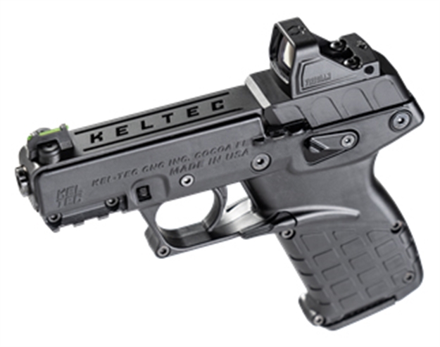 Picture of  Kel-Tec P17bblkoptic P17  Compact Frame 22 LR 16+1 3.80" Black Steel Barrel, Black Serrated Steel Slide, Black Polymer Frame W/Picatinny Rail, Textured Grip, Viridian Rfx-11 Green Dot, Ambidextrous