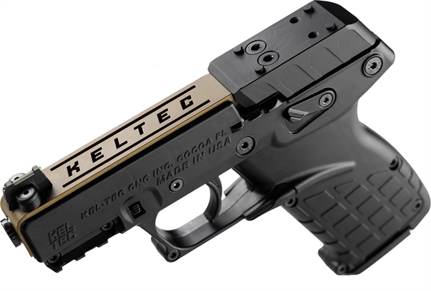 Picture of  Kel-Tec P17bblkortans P17  Sports South Exclusive 22 LR 16+1 3.80" Black Steel Barrel, Tan Optic Ready/Serrated Slide, Black Polymer Frame W/Picatinny Rail, Textured Grip