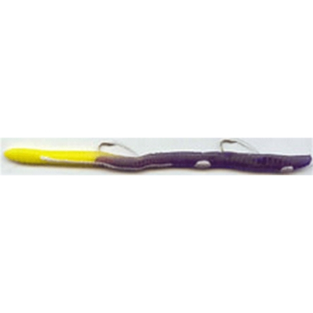 Picture of Kellys Two-Hook Weedless Pre-Rigged Plastic Worm, 5 1/2", SZ 4 Hooks, Purple/Yellow Firetail