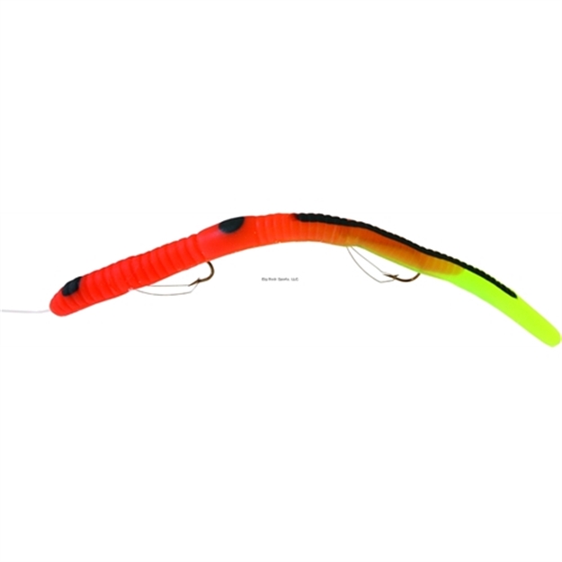 Picture of Kellys Weedless Bass Crawler Pre-Rigged Plastic Worm, 6 1/2", 2 SZ 4 Weedless Hooks, Orange/Chartreuse Firetail