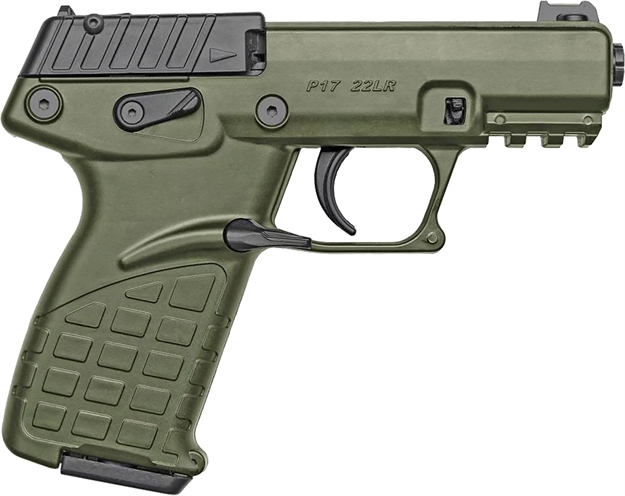 Picture of Kel-Tec P17bgrn P17  Compact Frame 22 LR 16+1 3.80" Black Steel Threaded Barrel, OD Green Serrated Slide, OD Green W/Black Controls Polymer Frame W/Picatinny Rail, OD Green Textured Grip, Ambidextrous P17GRN 640832007916