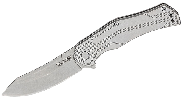 Picture of  Kershaw 1380X Husker  Edc 3" Folding Trailing Point Plain Bead Blasted 8Cr13mov SS Blade, Stonewashed Stainless Steel Handle, Clamshell Packaging 087171060682