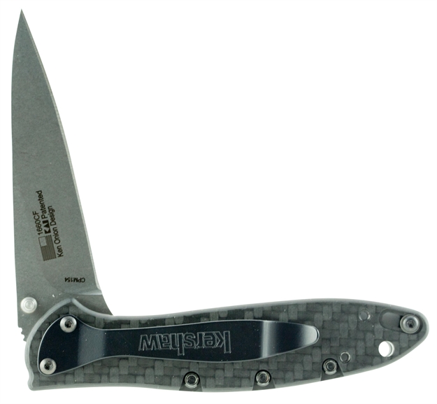 Picture of  Kershaw 1660Cf Leek  3" Folding Drop Point Plain Stonewashed Cpm 154 SS Blade Black Carbon Fiber Handle Includes Pocket Clip 087171048550