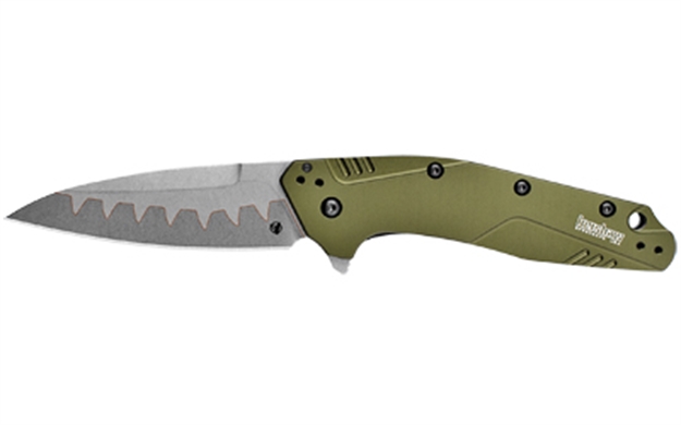Picture of Kershaw Dividend-Composite-Cpm D2, N690, Bead-Blasted Finish, 6061-T6 Aluminum-Olive Anodized Handle, Lanyaed Hole 1812OLCB