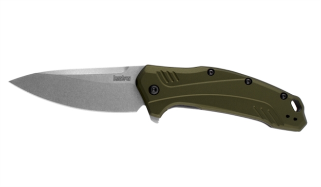 Picture of Kershaw Link-Speedsafe W/Flipper, 3.25", Cpm20cv-Stonewashed Finish, 6061-T6 Aluminum-Olive Anodized, Lanyard Hole 1776OLSW 087171058474