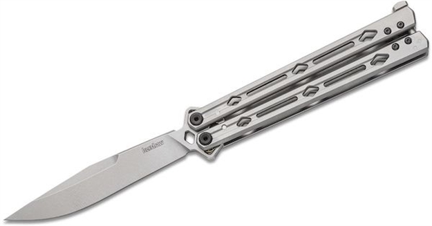 Picture of  Kershaw 5150 Lucha  4.60" Butterfly Drop Point Plain Stonewashed 14C28n Steel Blade Bead Blasted Stainless Steel Handle