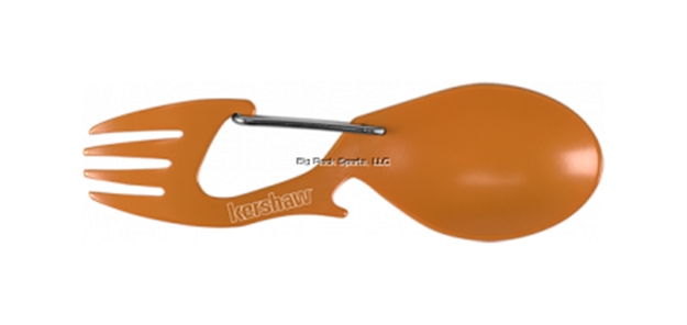 Picture of Kershaw Ration Orange-Clam Pack, Orange Food-Safe Coating, Fork-Spoon-Bottle Opener,Carabiner Gate Clam