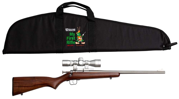Picture of  Crickett Ksa2238bsc MY First Rifle Package 22 S/L/Lr Single Shot 16.10" Stainless Steel Barrel & Receiver, American Walnut Fixed Stock, 4X32 Scope 611613222385