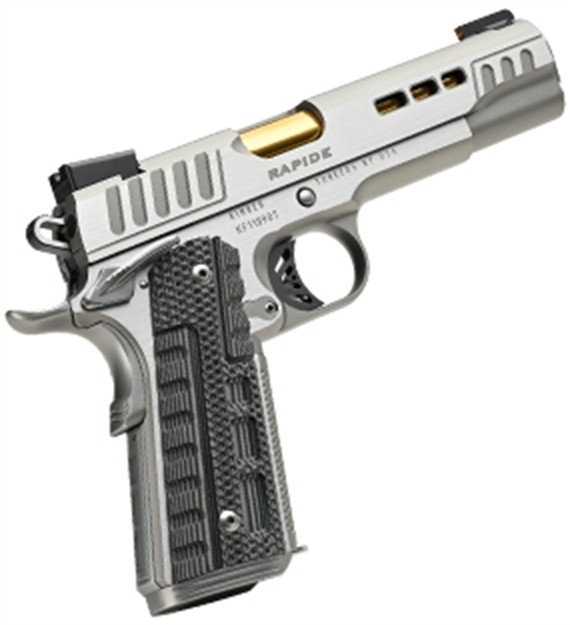 Picture of  Kimber Mfg.,Inc 3000423 Rapide Dawn 45 Acp 8+1 5" Gold Tin Stainless Steel Barrel, Lightening Cut/Serrated Stainless Steel Slide, Stainless Steel Frame W/Beavertail, Black & Gray G10 Grip