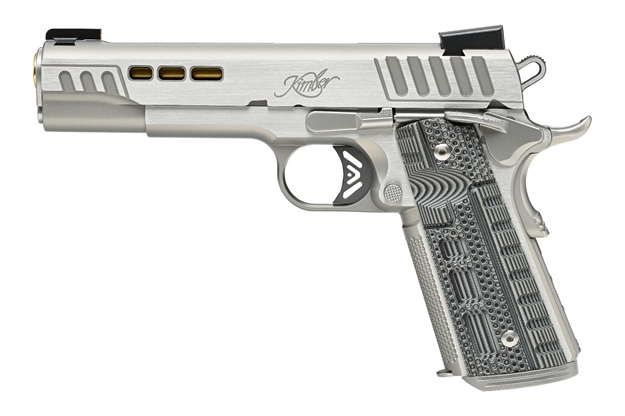 Picture of  Kimber Mfg.,Inc 3000423Ca Rapide Dawn (Ca) (Ma) 45 Acp 8+1 5" Kimpro Silver Front And Rear Serrations Stainless Steel Slide Gray/Black Rapide G10 Grip