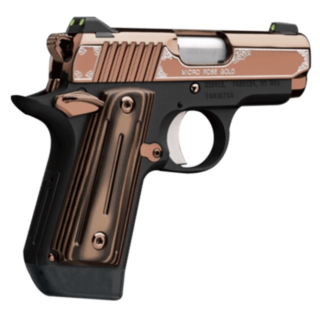 Picture of Kimber Mfg, Inc 3300174 Micro 9  9Mm Luger 7+1 3.15" Stainless Ramped Steel Barrel, Rose Gold Pvd Stainless Steel Serrated Slide, Matte Black Aluminum Frame, Black/Rose Gold G10 Grip KIM3300174