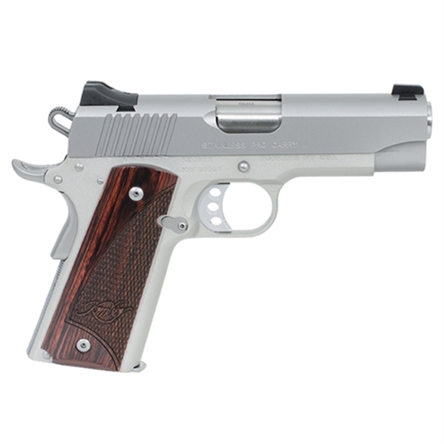 Picture of Kimber Mfg, Inc 3200323 Carry II Pro 9Mm Luger 9+1 4" Stainless Match Grade Barrel, Satin Silver Serrated Stainless Steel Slide, Satin Silver Aluminum Frame W/Beavertail, Rosewood Grip KIM3200323