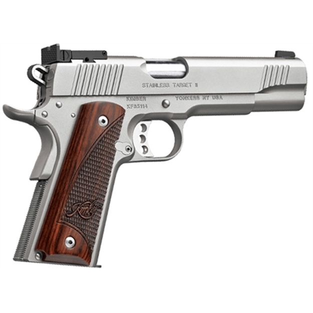 Picture of Kimber Mfg, Inc 3200326 Stainless II Target Full Size Frame 9Mm Luger 9+1 5" Stainless Match Grade Barrel, Satin Silver Serrated Stainless Steel Slide & Frame W/Beavertail, Rosewood Grip KIM3200326