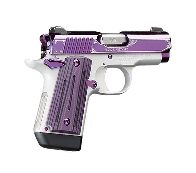Picture of Kimber Mfg, Inc 3300214 Micro 9  9Mm Luger 7+1 3.15" Stainless Ramped Steel Barrel, Purple Pvd W/Border Engraving Stainless Steel Serrated Slide, Kimpro II Silver Aluminum Frame, Black/Purple G10 Grip KIM3300214