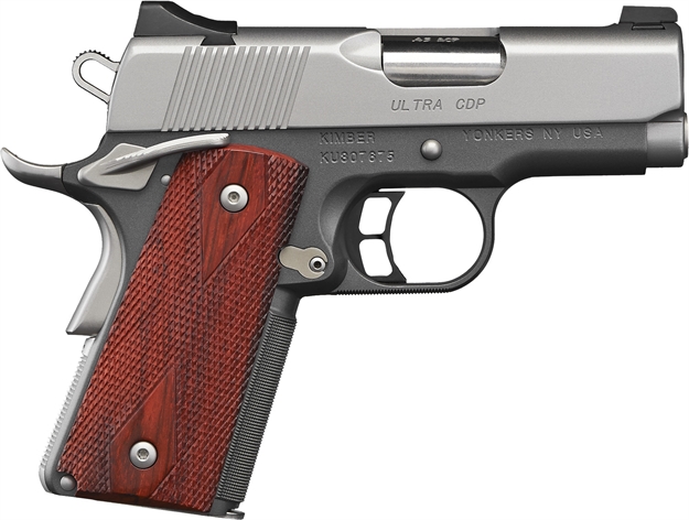 Picture of Kimber Mfg, Inc 3000245 Cdp Ultra 45 Acp 7+1 3" Stainless Steel Barrel, Kimpro II Silver Stainless Steel Serrated Slide, Kimpro II Gray Aluminum Frame W/Beavertail, Rosewood Grip KIM3000245