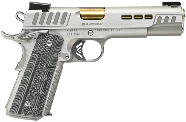 Picture of Kimber Mfg.,Inc 3000420 Rapide Dawn 9Mm Luger 9+1 5" Gold Tin Stainless Steel Barrel, Lightening Cut/Serrated Stainless Steel Slide, Stainless Steel Frame W/Beavertail, Black & Gray G10 Grip 30420 669278304205