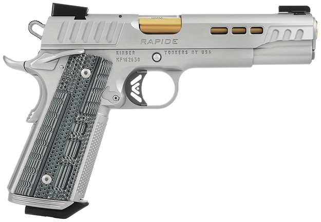 Picture of  Kimber Mfg.,Inc 3000420Ca Rapide Dawn (Ca) (Ma) 9Mm 9+1 5" Kimpro Silver Front And Rear Serrations Stainless Steel Slide Gray/Black Rapide G10 Grip 669278904207