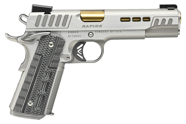 Picture of  Kimber Mfg.,Inc 3000423 Rapide Dawn 45 Acp 8+1 5" Gold Tin Stainless Steel Barrel, Lightening Cut/Serrated Stainless Steel Slide, Stainless Steel Frame W/Beavertail, Black & Gray G10 Grip