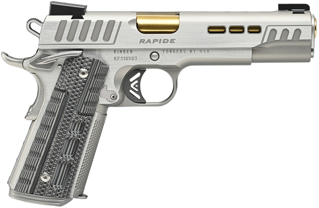 Picture of  Kimber Mfg.,Inc 3000423Ca Rapide Dawn (Ca) (Ma) 45 Acp 8+1 5" Kimpro Silver Front And Rear Serrations Stainless Steel Slide Gray/Black Rapide G10 Grip 669278904238