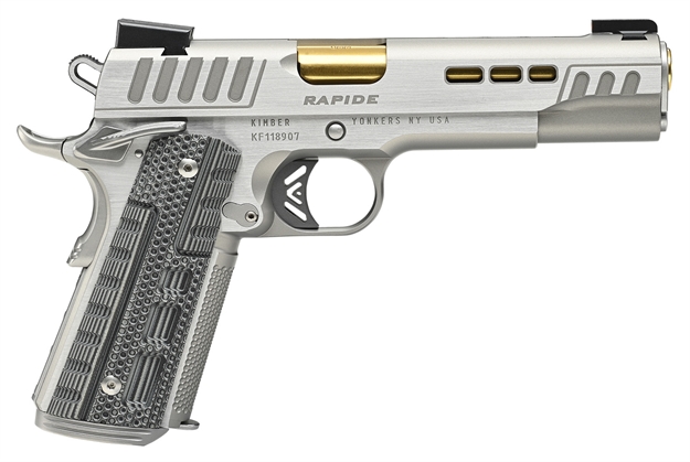 Picture of  Kimber Mfg.,Inc 3000424 Rapide Dawn 10Mm Auto 8+1 5" Gold Tin Stainless Steel Barrel, Lightening Cut/Serrated Stainless Steel Slide, Stainless Steel Frame W/Beavertail, Black & Gray G10 Grip