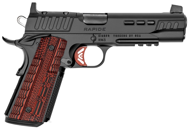 Picture of  Kimber Mfg.,Inc 3000452 Rapide Heat 45 Acp 8+1 5.50" Black Dlc Steel Barrel, Kimpro II Black Lightening Cut/Optic Ready/Serrated Steel Slide, Kimpro II Black Steel Frame W/Beavertail, Red G10 Grip