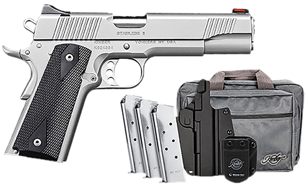 Picture of Kimber Mfg.,Inc 3200007 Stainless II Club Bundle 45Acp 7+1 5" Satin Silver Front Serrations Stainless Steel Slide Black Synthetic Grip 3200007CAB 669278920078