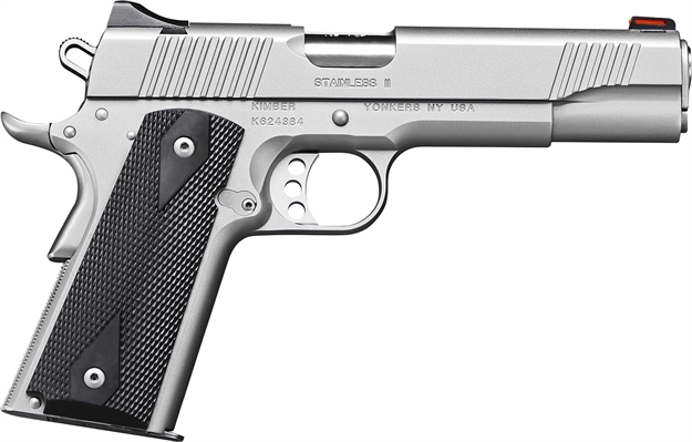 Picture of  Kimber Mfg.,Inc 3200007Cab Stainless II (Ca)  45 Acp 7+1 5" Front Serrations Stainless Steel Slide Satin Silver Black Synthetic Double Diamond Checkering Grip 669278320076