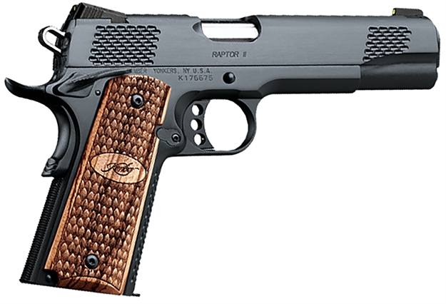 Picture of  Kimber Mfg, Inc 3200117Ca Raptor II *Ca Compliant 45 Acp 8+1 5" Stainless Match Grade Barrel, Brush Polished Serrated Steel Slide, Matte Black Steel Frame W/Beavertail, Zebrawood Grip