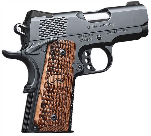 Picture of Kimber Mfg, Inc 3200150Ca Raptor II Ultra *Ca Compliant 45 Acp 7+1 3" Stainless Match Grade Barrel, Matte Black Serrated Steel Slide, Matte Black Aluminum Frame W/Beavertail, Zebrawood Grip KIM3200150