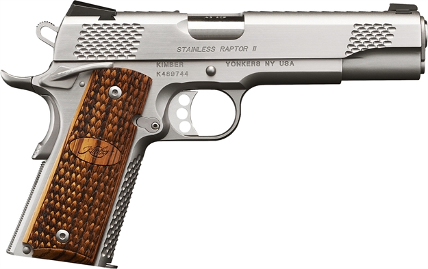 Picture of Kimber Mfg, Inc 3200181 Raptor II Ultra 45 Acp 8+1 5" Stainless Match Grade Barrel, Matte Black Serrated Steel Slide, Matte Black Aluminum Frame W/Beavertail, Zebrawood Grip KIM3200181 669278321813