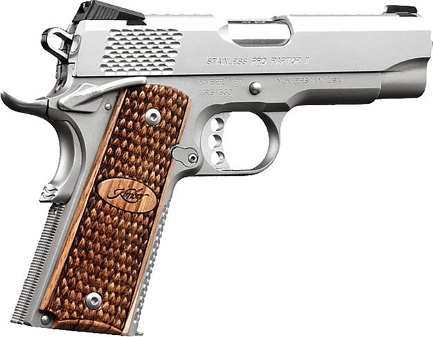 Picture of Kimber Mfg.,Inc 3200195 Stainless Pro Raptor II 45Acp 8+1 4" Stainless Steel Slide Satin Silver Zebrawood W/ Scale Pattern And Kimber Logo Grip KIM3200195