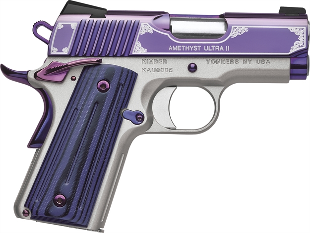 Picture of Kimber Mfg, Inc 3200319 Ultra II  9Mm Luger 8+1 3" Stainless Match Grade Barrel, Engraved Purple Amethyst Pvd Serrated Stainless Steel Slide, Satin Silver Aluminum Frame W/Beavertail, G10 Grip KIM3200319 669278323190
