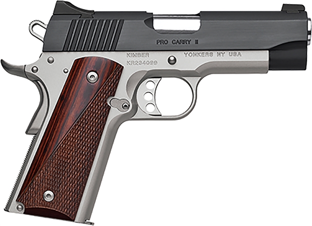 Picture of Kimber Mfg, Inc 3200320 Pro Carry II  45 Acp 7+1 4" Stainless Match Grade Barrel, Matte Black Brushed Serrated Steel Slide, Satin Silver Aluminum Frame W/Beavertail, Rosewood Grip KIM3200320