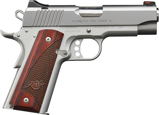 Picture of Kimber Mfg, Inc 3200323 Carry II Pro 9Mm Luger 9+1 4" Stainless Match Grade Barrel, Satin Silver Serrated Stainless Steel Slide, Satin Silver Aluminum Frame W/Beavertail, Rosewood Grip KIM3200323