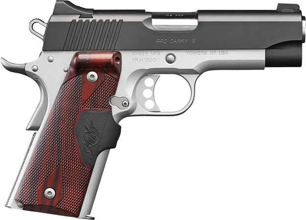 Picture of Kimber Mfg, Inc 3200333 Pro Carry II  9Mm Luger 9+1 4" Stainless Match Grade Barrel, Matte Black Brushed Serrated Steel Slide, Satin Silver Aluminum Frame W/Beavertail, Rosewood Grip KIM3200333 669278323336