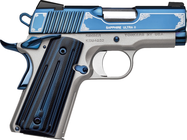 Picture of Kimber Mfg, Inc 3200362 Ultra II  45 Acp 7+1 3" Stainless Match Grade Barrel, Engraved Sapphire Blue Pvd Serrated Stainless Steel Slide, Satin Silver Aluminum Frame W/Beavertail, G10 Grip KIM3200362