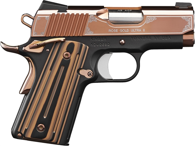 Picture of Kimber Mfg, Inc 3200373 Ultra II  45 Acp 7+1 3" Stainless Match Grade Barrel, Engraved Rose Gold Pvd Serrated Stainless Steel Slide, Kimpro II Black Aluminum Frame W/Beavertail, G10 Grip KIM3200373