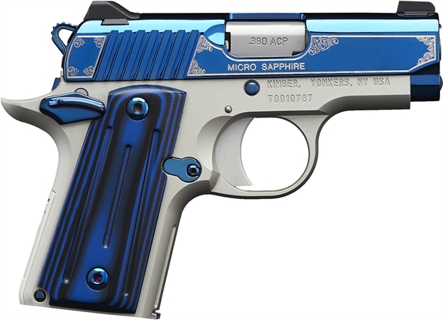 Picture of Kimber Mfg.,Inc 3300090 Micro Sapphire NS 380 Acp 7+1 2.75" Polished Bright Blue Pvd Coating Cut Scroll Engraving And Border Stainless Steel Thin Blue/Black Ball-Milled G-10 Grip KIM3300090