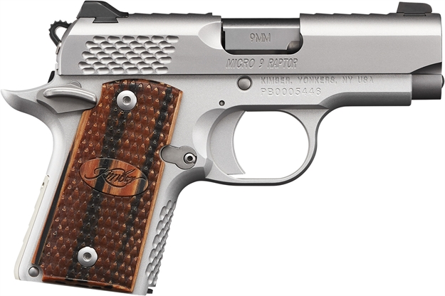 Picture of Kimber Mfg.,Inc 3300109 Micro 9 Stainless Raptor 9Mm 6+1 3.15" Stainless Steel Slide Kimpro Silver Zebrawood With Scale Pattern And Kimber Logo Grip KIM3300109 669278331096