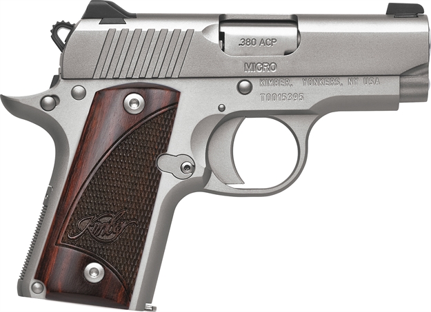Picture of Kimber Mfg.,Inc 3300207 Micro Stainless Rosewood NS 380 Acp 7+1 2.75" Stainless Steel Slide Satin Silver Smooth/Checkered Rosewood Grip KIM3300207