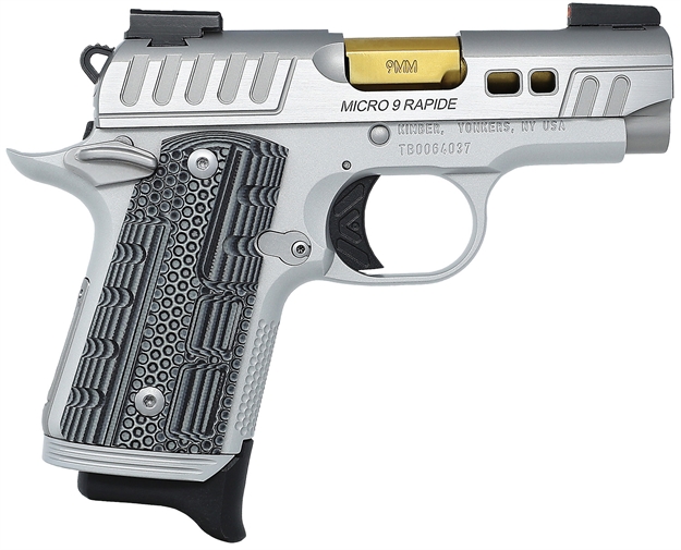 Picture of  Kimber Mfg.,Inc 3300230 Micro 9 Rapide Dawn 9Mm 7+1 3.15" Brushed Stainless/Silver Kimpro II Grey/Black G10 Grip