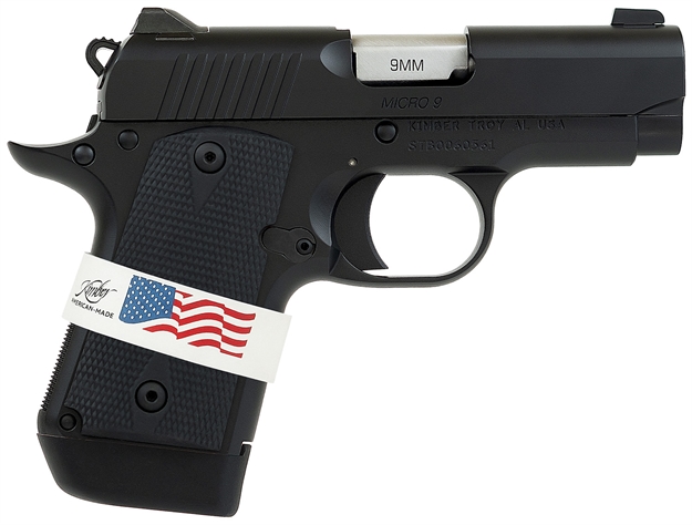 Picture of  Kimber Mfg, Inc 3300244 Micro 9 Liberty Micro Frame 9Mm Luger 7+1 3.15" Stainless Ramped Barrel, Kimpro II Black Serrated Stainless Steel Slide, Kimpro II Black Aluminum Frame W/Beavertail